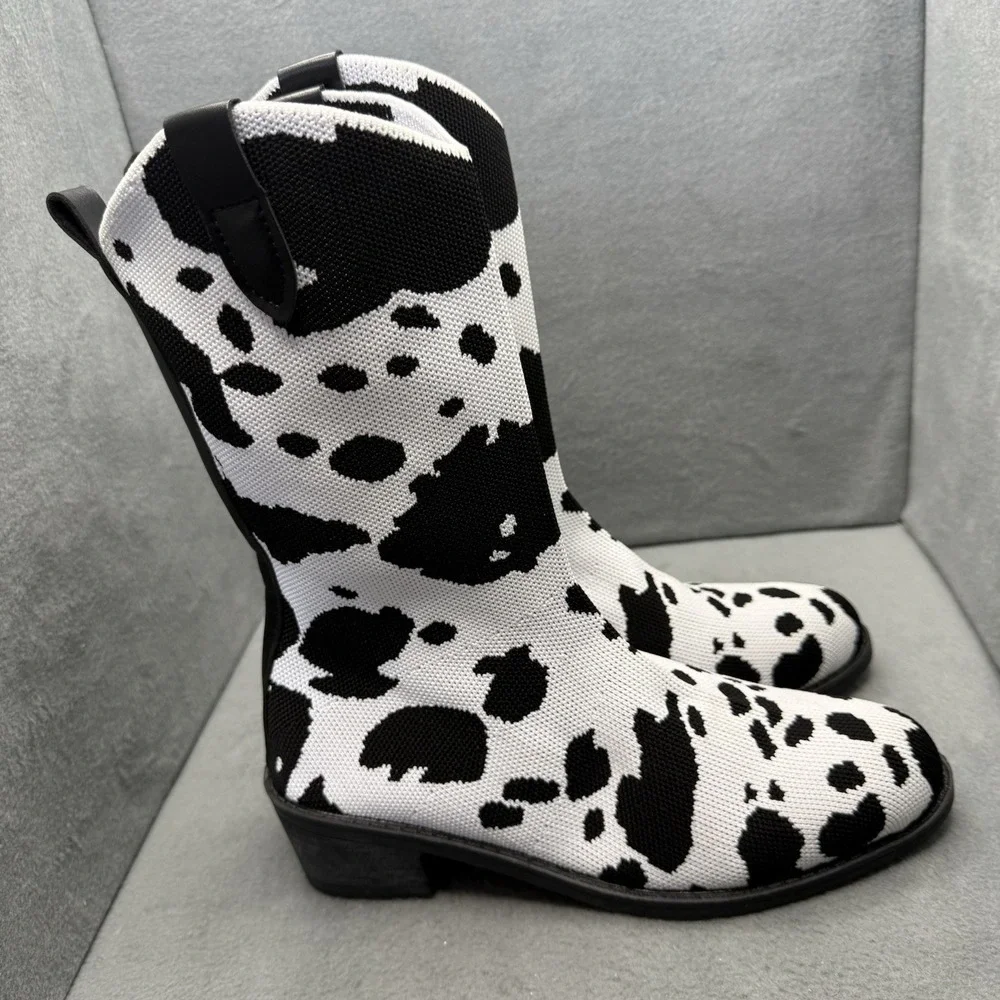 Women's Cow Print Knit Ankle Boots Size 40 Black White Block Heel Western